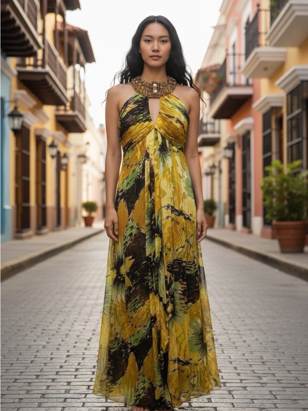 Cachet Silk and Rayon Size 10, gold/green, beaded and jeweled collar gown.
